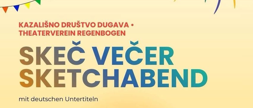 A poster for a Sketch Evening event at Theatreverein Regensburg on February 26, 2026, at 19:00, with German subtitles. The poster is decorated with colorful flags and fireworks.