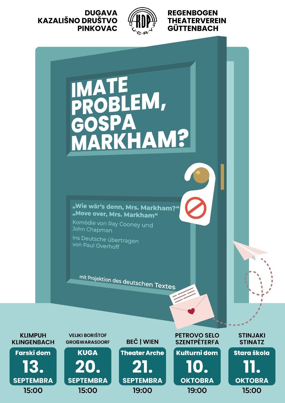 Poster for a German-language comedy play titled 'Imate Problem, Gospa Markham?' featuring a door with a 'Do Not Disturb' sign and a letter with a heart on it.