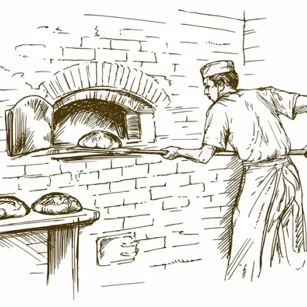 Eine Künstlerskizze eines Bäckers, der Brot in einen Backofen aus Ziegelsteinen legt, mit Hut und Schürze.
