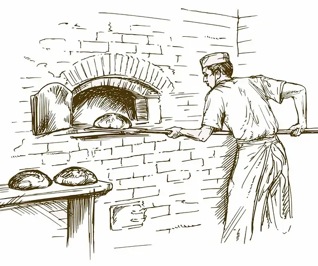 Eine Künstlerskizze eines Bäckers, der Brot in einen Backofen aus Ziegelsteinen legt, mit Hut und Schürze.