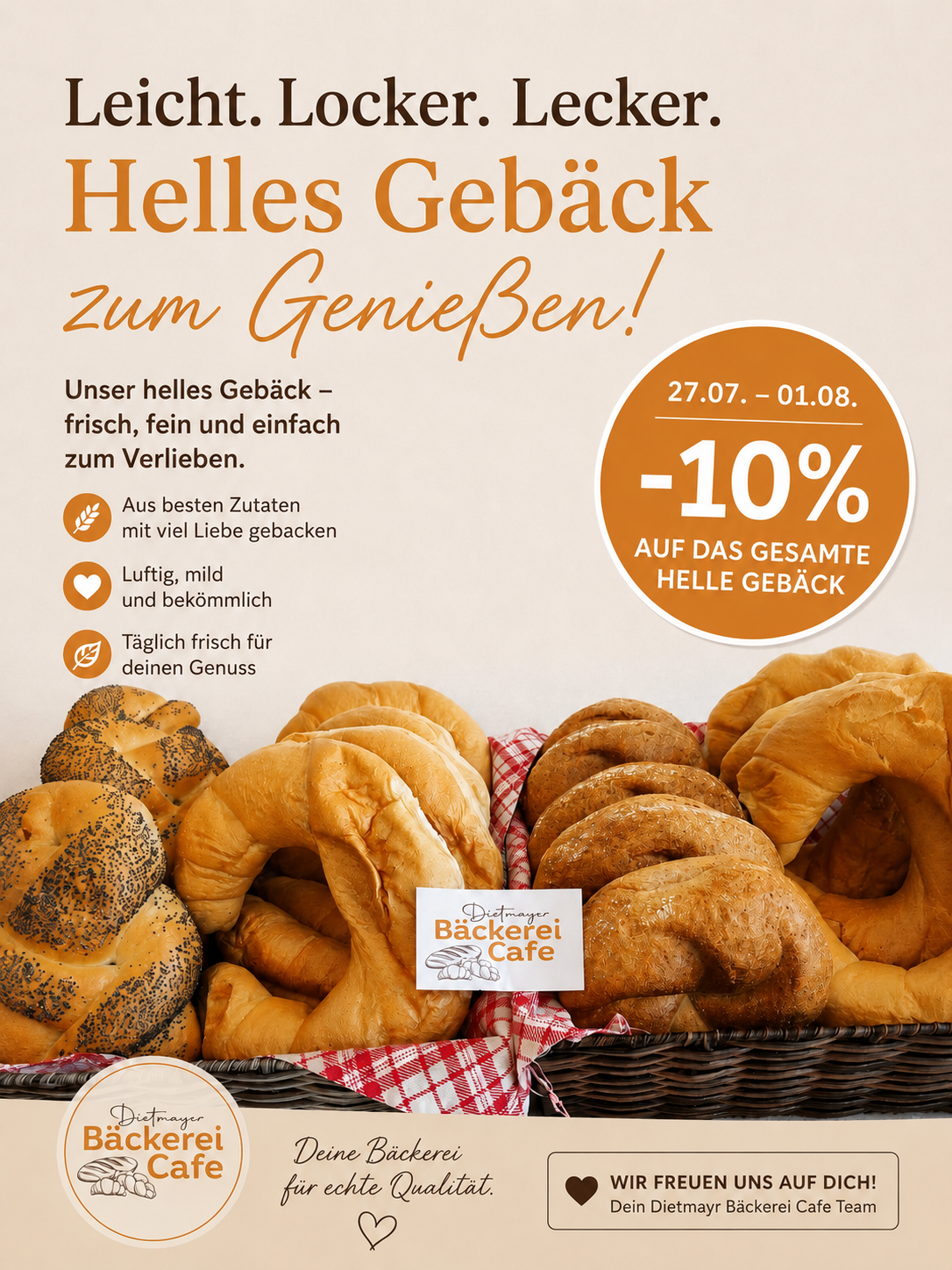 Werbung für frisches Gebäck mit 10% Rabatt vom 27. Juli bis 1. August. Der Korb enthält verschiedene Arten von Brot.