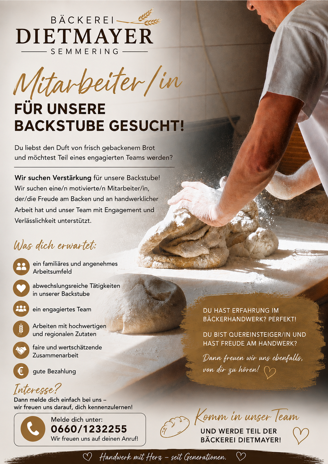 Ein Plakat für eine Stellenausschreibung in einer Bäckerei, das eine Hand zeigt, die Teig knetet, mit Text über die Suche nach motivierten Mitarbeitern mit Leidenschaft für das Backen.