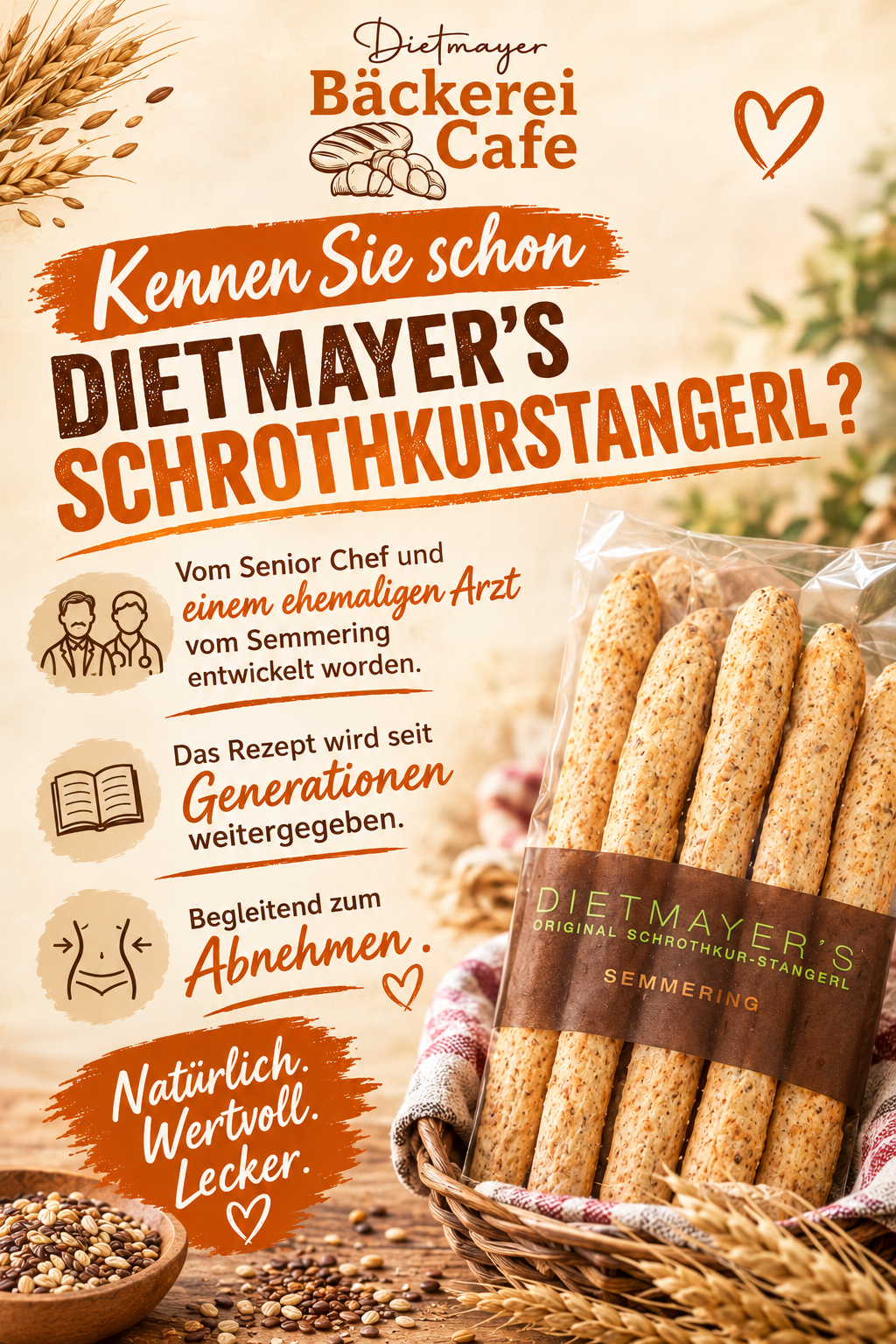 Werbeanzeige für Dietmayer's Schrothkur-Stangerl mit einer Packung Brotsticks und einem Etikett. Die Anzeige betont die Entwicklung des Produkts durch einen Senior-Koch und ehemaligen Arzt und hebt das traditionelle Rezept hervor, das über Generationen weitergegeben wurde.