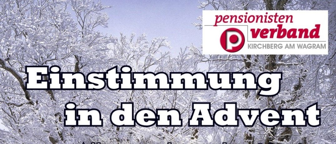 Schneebedeckte Bäume mit Winterdekorationen. Ein Plakat mit deutschem Text über eine Adventsveranstaltung, mit Honig, Kränzen, Likören und Weihnachtskeksen. Datum: 29. November 2025, Beginn um 14.00 Uhr.