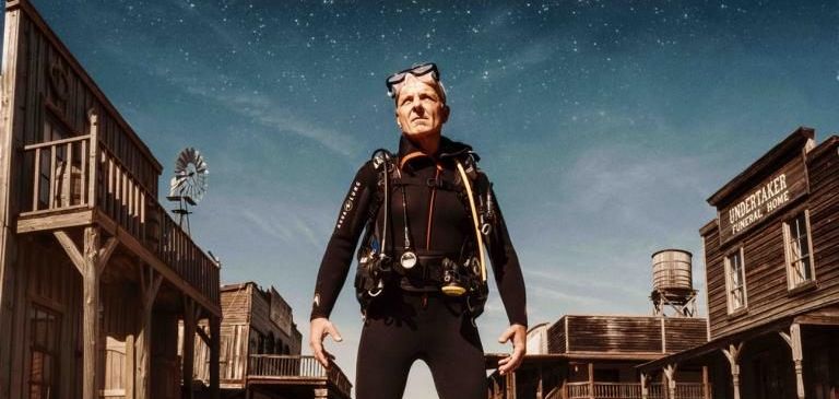 Ein Mann in einem Taucheranzug steht in einer Wüstenkulisse mit alten Gebäuden, einem Wassertank und einer Windmühle. Der Himmel ist sternenklar. Über ihm erscheinen die Wörter FILM und THOMAS MAURER.