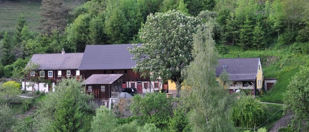 Eine ländliche Szene mit einem großen Haus, möglicherweise ein Bauernhof, in einem üppig grünen Tal. Bäume und Büsche umgeben das Gebiet, ein Weg führt durch die Grünfläche.