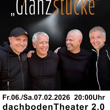 Vier Männer lächeln und posieren für ein Foto. Zwei von ihnen tragen Mützen. Der Text auf dem Bild sagt 'Glanzstucke' und das Datum ist der 6. Februar 2026.