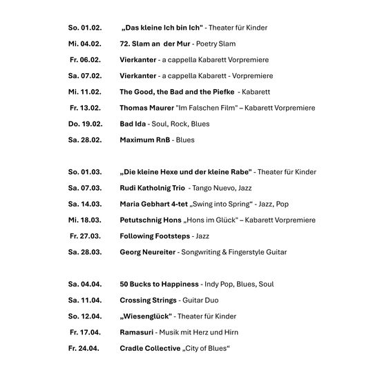 Das Bild zeigt eine Tabelle mit Terminen und entsprechenden Veranstaltungen, möglicherweise ein Zeitplan für einen Veranstaltungsort. Zu den Veranstaltungen gehören Theater für Kinder, Poetry Slam, Kabarett, Jazz und mehr.