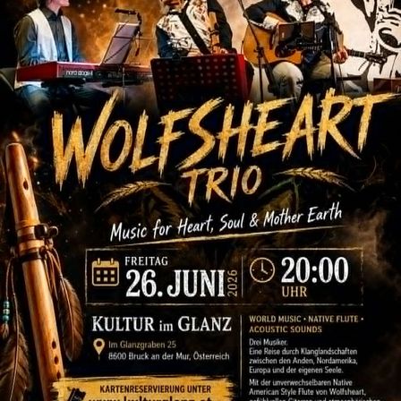 Wolfsheart Trio spielt Musik für Herz, Seele und Mutter Erde. Das Konzert findet am Freitag, den 26. Juni 2026, um 20:00 Uhr in Kultur im Glanz, Im Glanzggraben 25, 8600 Bruck an der Mur, Österreich, statt. Die Veranstaltung bietet Weltmusik und akustische Klänge.