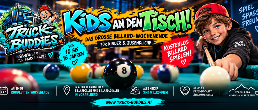 Plakat für ein Billard-Event für Kinder und Jugendliche in Vorarlberg, mit einem Billardtisch, Kugeln und einem schwarzen 8-Ball in der Mitte. Das Plakat enthält eine Website-Adresse.