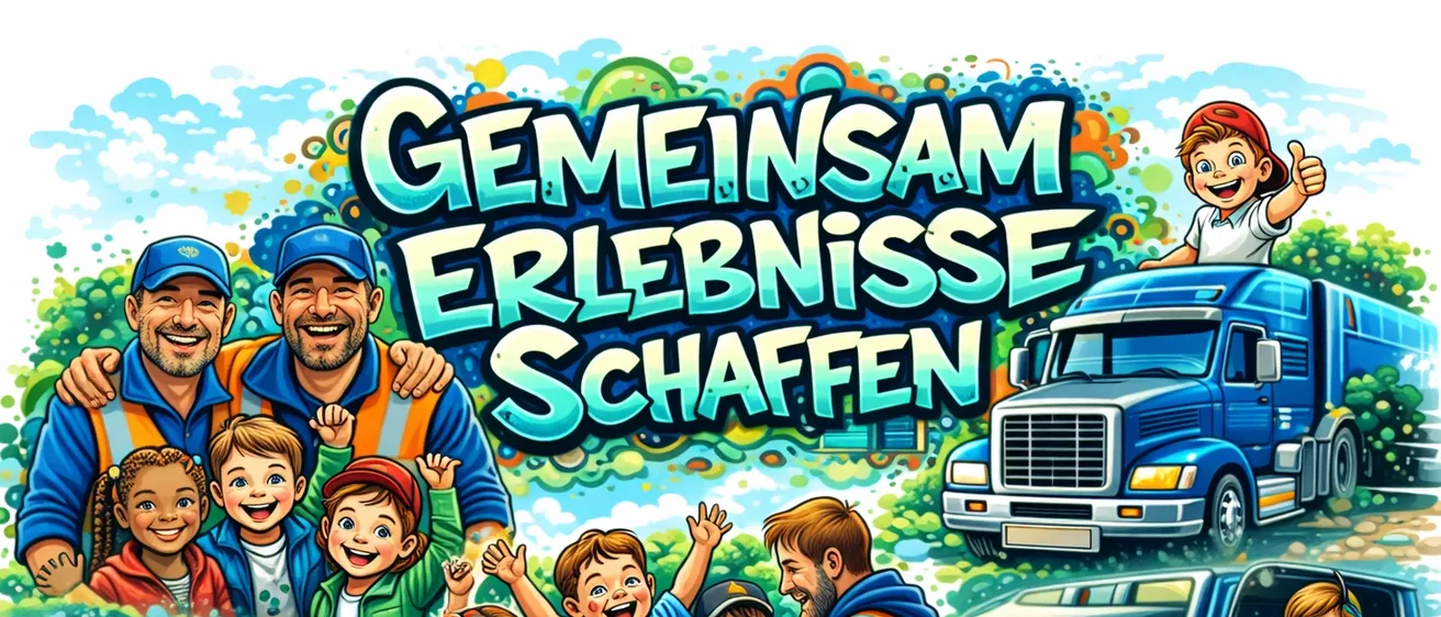 Eine Illustration einer Gruppe von Kindern und Erwachsenen, einschließlich eines Mannes in einer Weste, der LKWs mit buntem Schaum wäscht. Die Szene spielt sich im Freien ab, mit LKWs und einem blauen Himmel im Hintergrund.