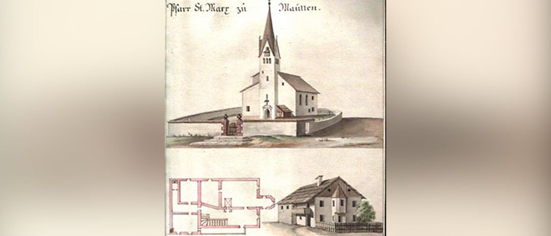 Eine alte Zeichnung zeigt eine Kirche mit einem Turm, einem Hauptgebäude und einem kleineren Anbau. Darunter befindet sich ein Grundriss und ein Haus mit Zaun.