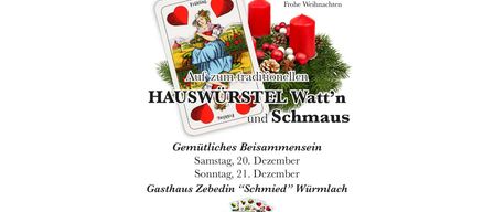 Ein Flyer für ein traditionelles deutsches Hausfest mit einer Karte, die eine Frau, Herzen und eine rote Kerze zeigt. Es steht 'Fruhling' und oben 'Frohe Weihnachten'. Es lädt ein, an bestimmten Terminen in einem örtlichen Gasthaus teilzunehmen.