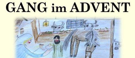 Ein Plakat für 'Gang im Advent' am 21. Dezember 2025 um 17 Uhr. Die Veranstaltung findet in der Pfarrkirche Mauthen statt. Es zeigt eine Zeichnung einer Krippe mit Tieren. Die Teilnehmer werden gebeten, Laternen oder Kerzen zum Windschutz mitzubringen.