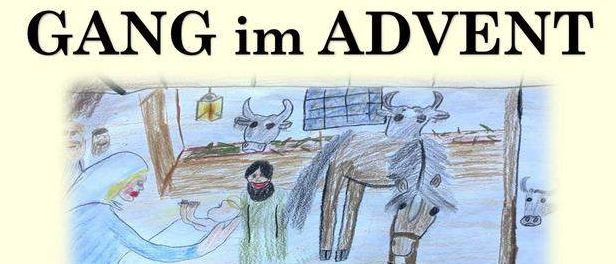 Ein Plakat für 'Gang im Advent' am 21. Dezember 2025 um 17 Uhr. Die Veranstaltung findet in der Pfarrkirche Mauthen statt. Es zeigt eine Zeichnung einer Krippe mit Tieren. Die Teilnehmer werden gebeten, Laternen oder Kerzen zum Windschutz mitzubringen.