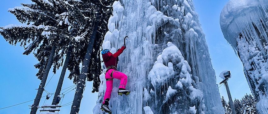 Eine Person klettert an einem gefrorenen Baum hoch, hält einen Metallhaken mit einer Hand und ein Seil mit der anderen. Sie ist von Schnee und Tannen umgeben.