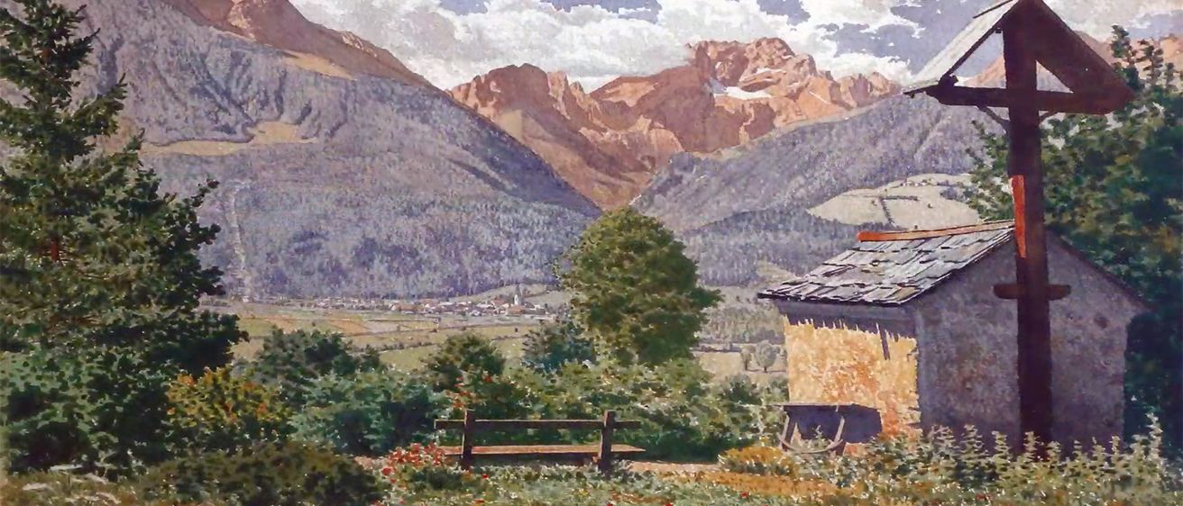 Ein Aquarell zeigt eine Berglandschaft mit einem Haus im Vordergrund. Die Berge sind felsige und schneebedeckt. Es gibt eine Holzbank und einen Baum im Vordergrund.