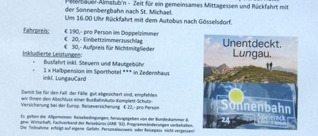 The hiking group will depart from Gosselfdorf-Brunnen at 7:00 AM, arriving at Wörtherseeautobahn Spittal-Katschberghöhe. The bus will travel with the first two groups to Aineck and Köbelbachalm, starting the hike. Afterward, the bus will take the emotional group to St. Michael for a 3-day stay. After checking in at the hotel, participants will meet in St. Michael.