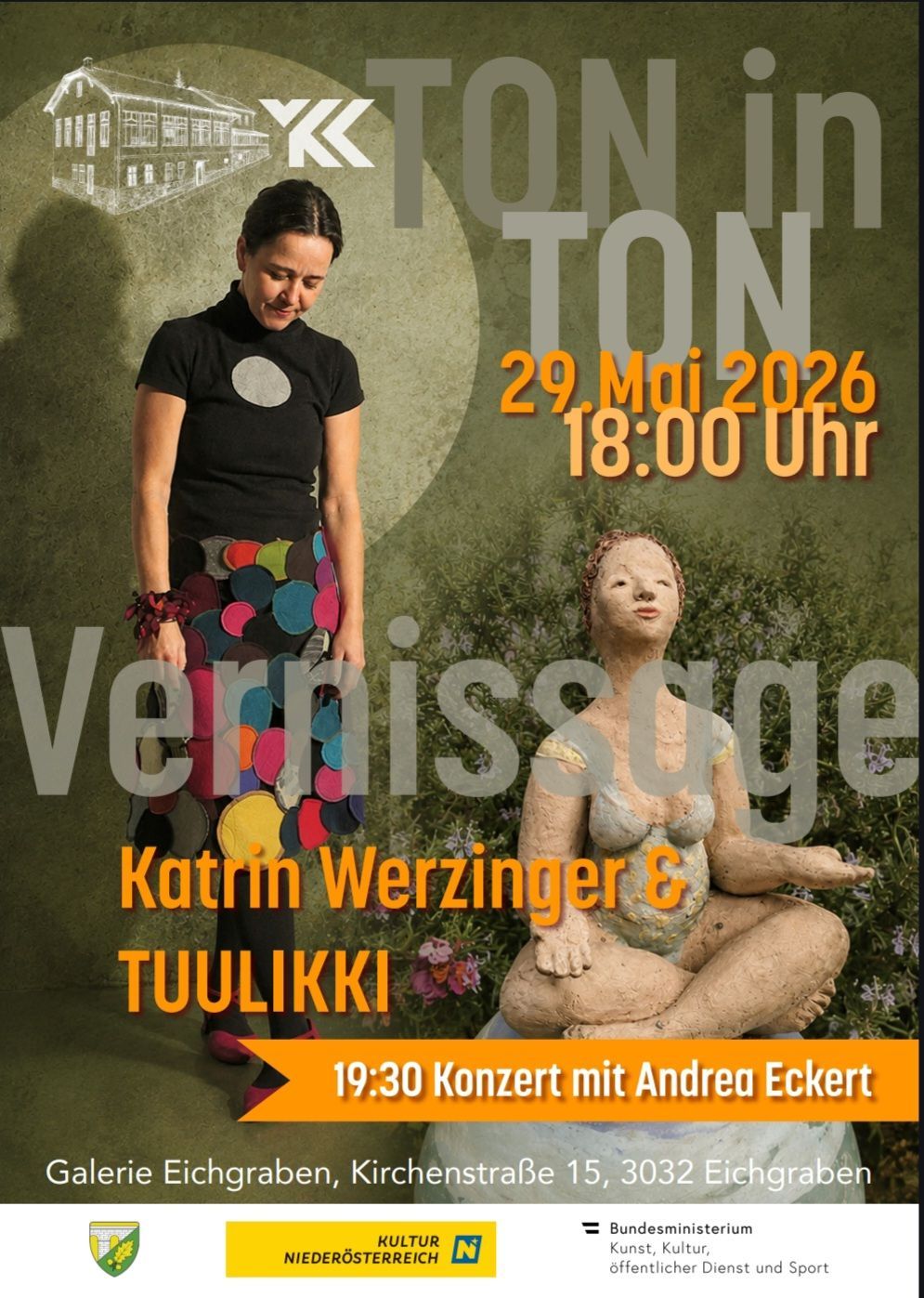 Plakat für eine Veranstaltung mit Katrin Werzinger und Tuuliikki am 29. Mai 2026 um 18:00 Uhr. Eine Frau steht mit einem bunten Rock neben einer Statue.