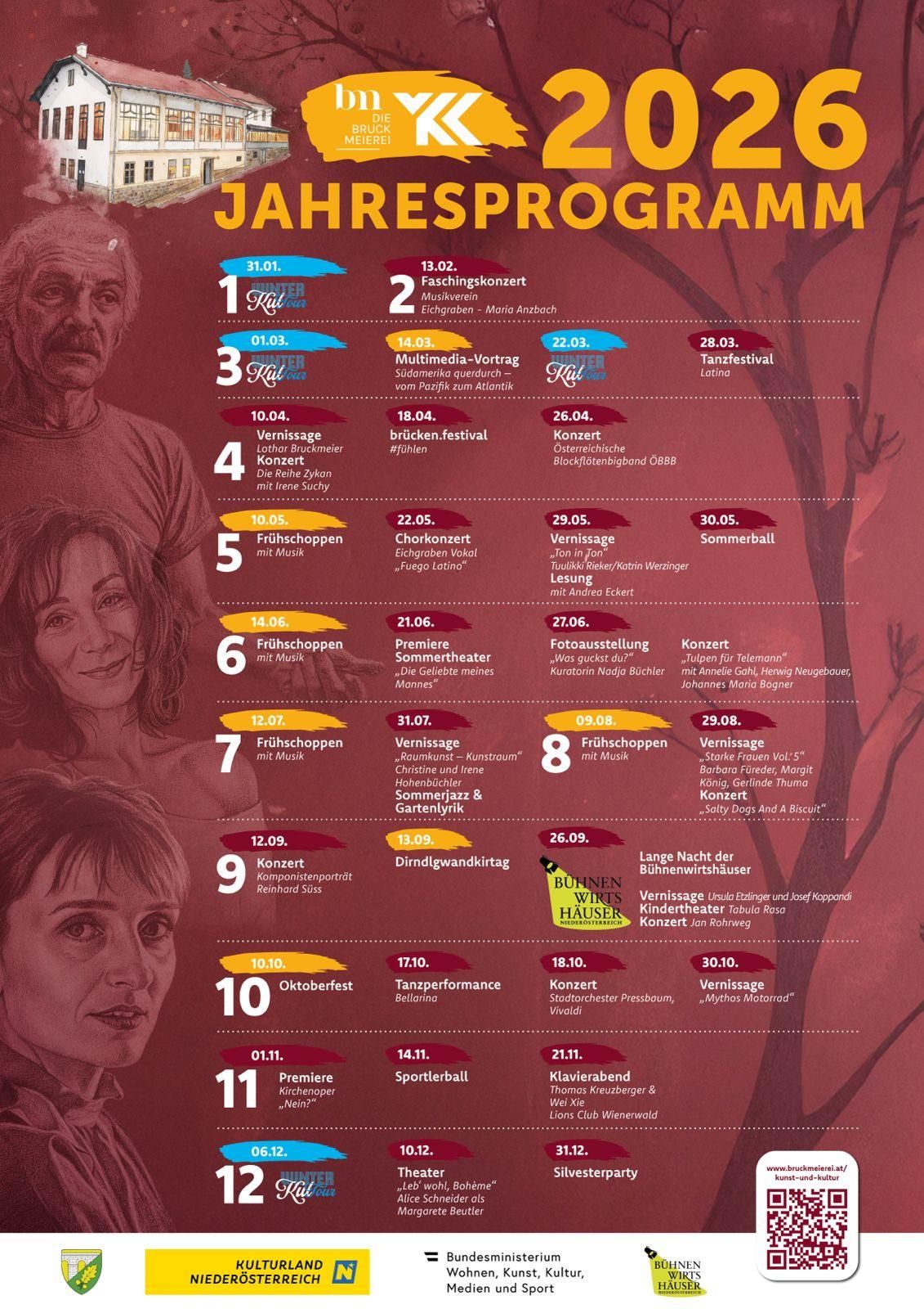 The image shows a schedule for an annual program featuring various events such as concerts, festivals, and performances, spanning from January to December. Dates are listed with corresponding event names and details.