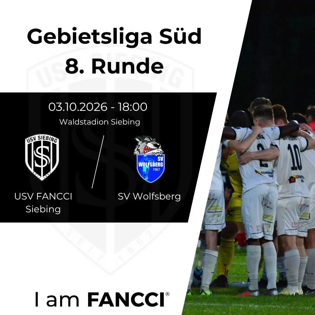 Ein Fußballspiel zwischen USV Fanci Siebing und SV Wolfsberg ist für den 3. Oktober 2026 um 18:00 Uhr im Waldstadion Siebing angesetzt. Die Teams stehen zusammen und feiern möglicherweise einen Sieg.