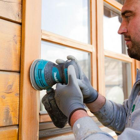 Ein Mann in grauer Arbeitskleidung und Handschuhen schleift eine Holzoberfläche mit einem elektrischen Schleifer.