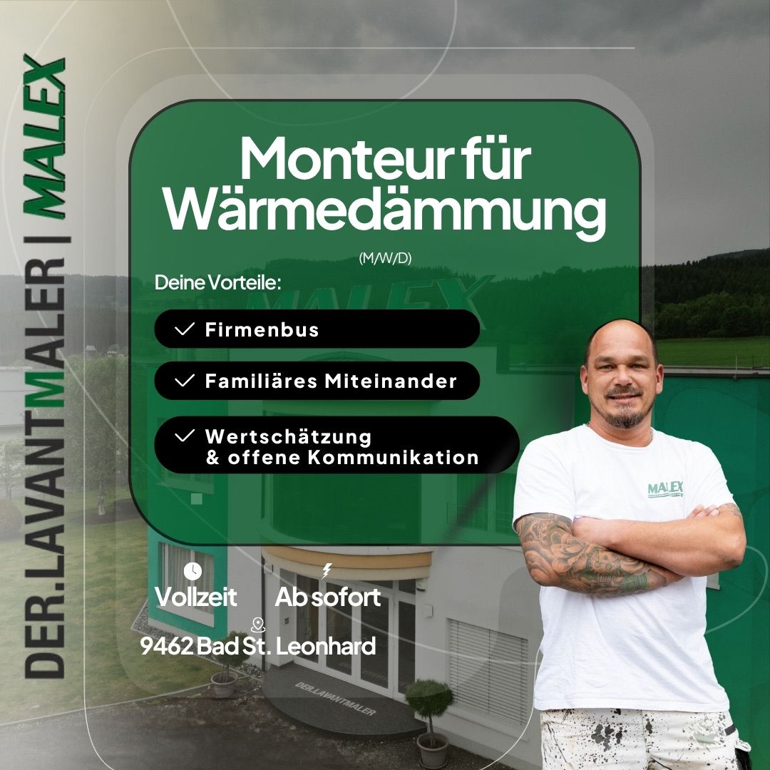 Eine Anzeige für eine Stellenausschreibung für einen Wärmedämmungsfachmann. Das Bild zeigt einen Mann, der mit verschränkten Armen vor einem Haus steht. Es hebt Vorteile wie einen Firmenbus, familienfreundliche Kollegen und offene Kommunikation hervor.