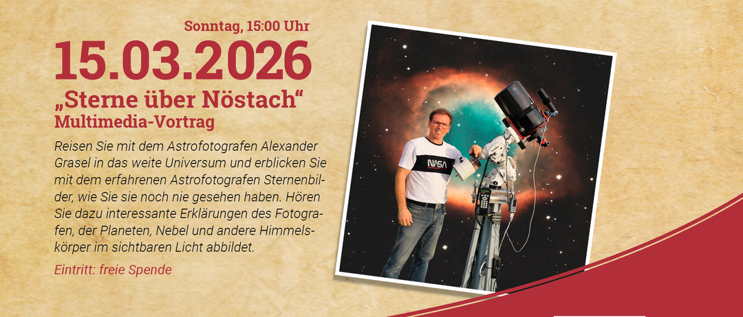 Flyer für Veranstaltungen im Arkadenhof Hafnerberg am 14.03.2026 und 15.03.2026. Erste Veranstaltung ist 'Schlawierisches mitten in NO' von Michael Havlicek. Zweite Veranstaltung ist ein Multimedia-Vortrag 'Sterne über Nostach' von Alexander Grasel. Freier Eintritt für die zweite Veranstaltung.