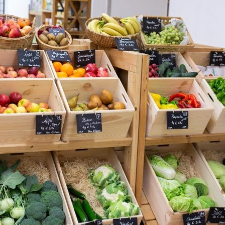 Ein Holzregal zeigt verschiedene Obst- und Gemüsesorten. Kisten halten Äpfel, Birnen, Bananen, Trauben, Tomaten, Gurken und Salat. Jede Kiste hat einen Preisschild, und das Regal ist ordentlich geordnet.