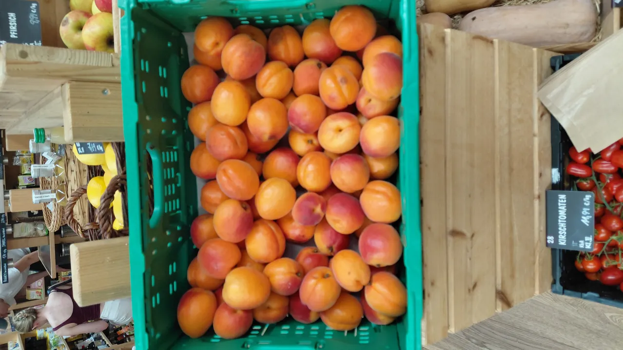 Ein grüner Kasten voller reifer Aprikosen steht auf einer Holzoberfläche. Die Aprikosen sind orange und rot mit einigen braunen Flecken.