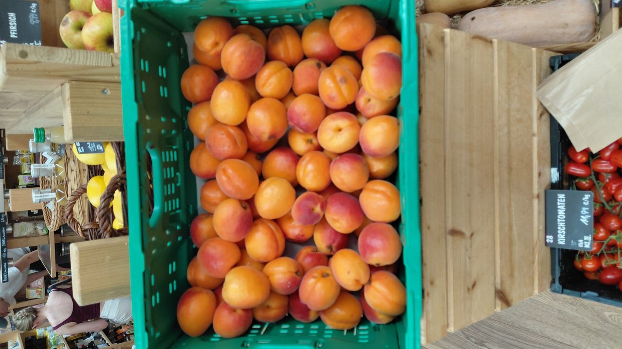 Ein grüner Kasten voller reifer Aprikosen steht auf einer Holzoberfläche. Die Aprikosen sind orange und rot mit einigen braunen Flecken.