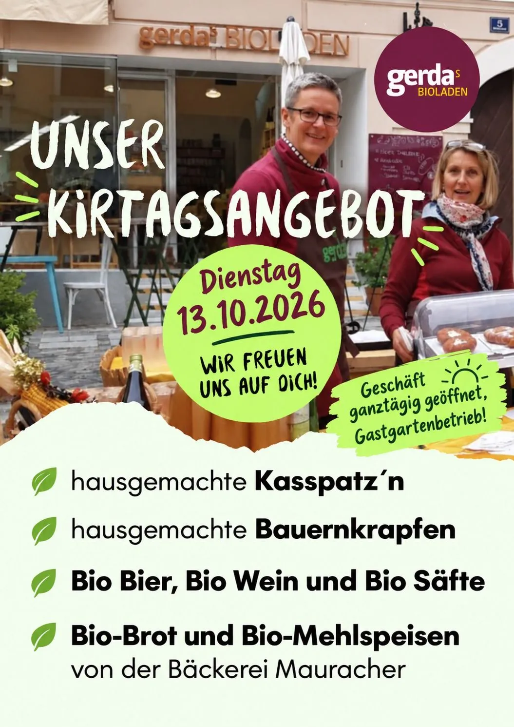 Ein Werbeplakat für Gerda's Bioladen mit zwei Frauen, eine hält eine Schale mit Essen und die andere lächelt. Das Plakat hebt hausgemachte Produkte und Bio-Angebote hervor.