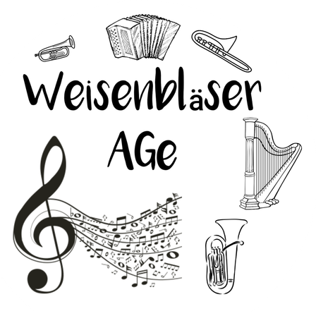 Ein rundes Grafik mit verschiedenen Musikinstrumenten und Noten. Der Titel lautet 'Weisenblaser Age'. Zu den Musikinstrumenten gehören Trompete, Akkordeon, Harfe und Tuba. Musiknoten sind um die Instrumente herum verstreut.