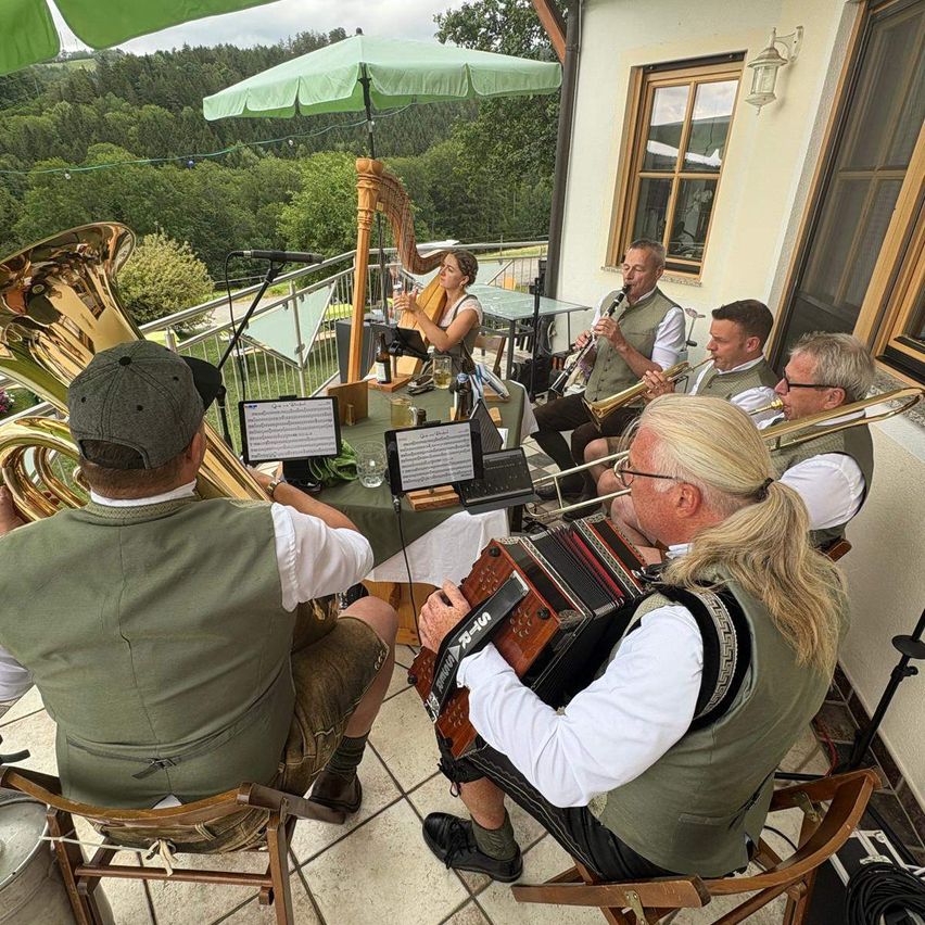 Musikgruppe spielt auf einer Terrasse mit Bergpanorama, Steirische Harmonika, Tuba, Harfe, Klarinette und Trompete