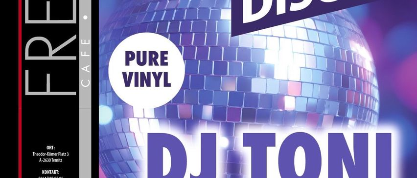 Poster for Fredo Cafe Lounge event featuring a disco ball. Text reads 'Xmas Disco', 'Pure Vinyl', 'DJ Toni', and 'FR 12.12. ab 20:30 Uhr'. Contact info and website at the bottom.