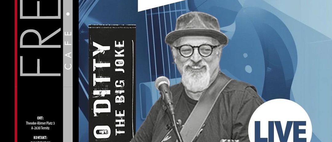 Ein Plakat für eine Blues Night mit Jo Ditty und The Big Joke. Das Plakat zeigt einen Mann, der Gitarre spielt. Die Veranstaltung ist für den 16. Januar um 20 Uhr geplant.