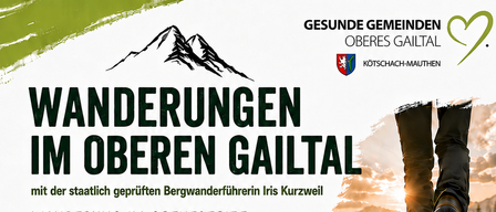 Geführte Wanderungen im oberen Gailtal mit Iris Kurzweil. Wanderung im Grenzgebiet zur Erkundung der Kriegsstellen. Start am Mauthener Hauptplatz, Dauer: 4,5 Std. Gebühr: € 10. Bringen Sie festes Schuhwerk und Proviant mit. Alter: 4-8 Jahre.