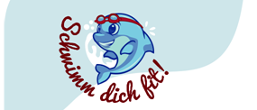 A blue dolphin wearing goggles with the text Schwimm dich fit! on a blue background.