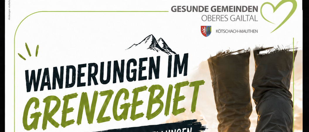 Plakat für eine historische Bergwanderung in der Grenzregion. Es enthält Details wie Datum, Treffpunkt und Kosten. Rechts ist der Fuß einer Person in Wanderschuhen zu sehen.