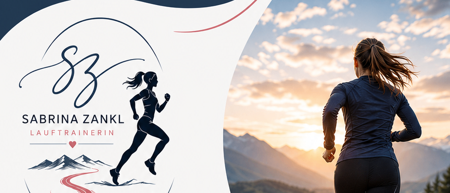 Plakat für Lauftraining für Frauen von Sabrina Zankl. Es zeigt eine Frau, die auf einem Bergpfad läuft, mit Bergen und einem See im Hintergrund. Das Plakat hebt die Vorteile des Laufens hervor, einschließlich der Verbesserung des Tempos, der Steigerung der Leistung und des Genusses in der Gesellschaft anderer Läufer. Es erwähnt auch den Starttermin, die Trainingszeiten, den Treffpunkt und die Kosten.