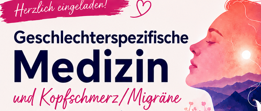 Plakat für einen Vortrag über Gendermedizin, der sich auf Kopfschmerzen und Migräne konzentriert. Es zeigt eine Frauensilhouette, ein Kalenderdatum und Kontaktinformationen.