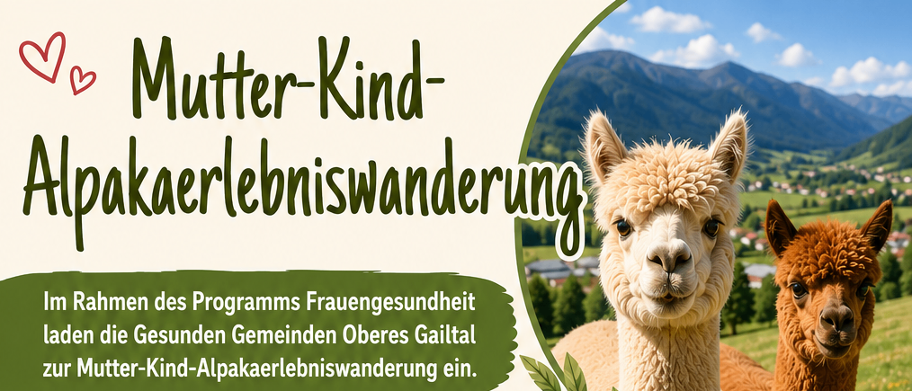 Poster für einen Mutter-Kind-Alpakaverlebniskurs mit zwei Alpakas, Terminen und Details zum Kurs.