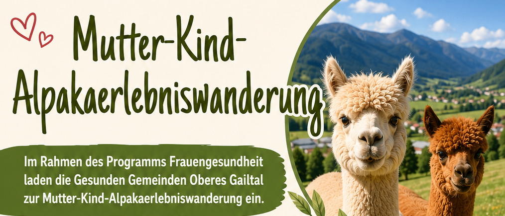Plakat für einen Mutter-Kind-Alpakaverlebniskurs, mit Alpakas, Terminen, Ort und Kosten. Der Kurs beinhaltet das Kennenlernen von Alpakas, einen Waldspaziergang und eine Streicheleinheit.