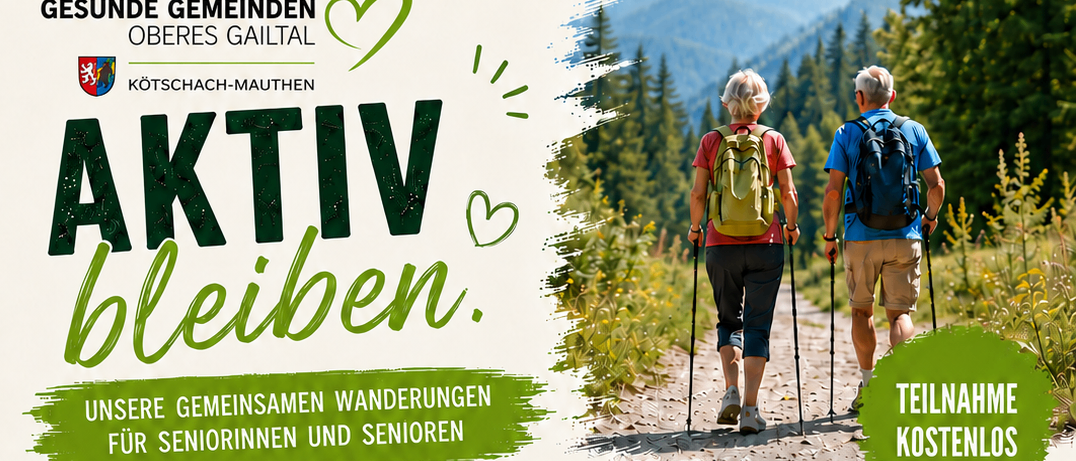 Plakat für kostenlose geführte Wanderungen für Senioren. Fünf Wanderveranstaltungen sind mit Datum, Ort und Treffpunkten aufgeführt. Das Plakat zeigt zwei Wanderer und eine malerische Kulisse.