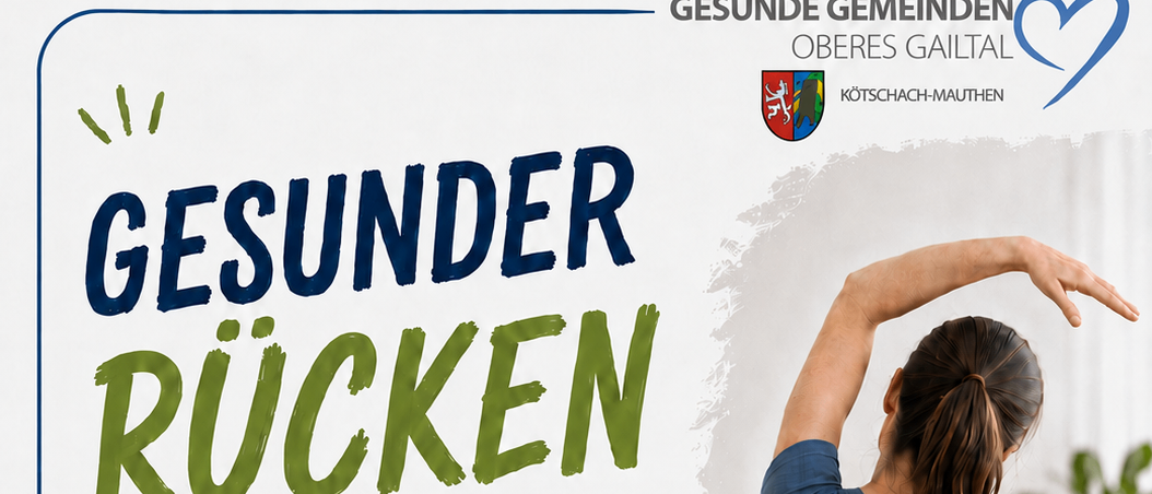 Ein Plakat für einen Rückengesundheitskurs auf Deutsch. Es zeigt eine Frau, die auf einer Yogamatte streckt, mit Text über den Kurs und seine Vorteile.