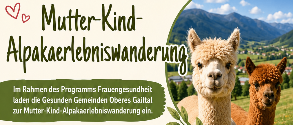 Plakat für einen Alpaka-Erlebniskurs. Daten und Zeiten sind aufgeführt, zusammen mit dem Ort und den Kosten. Das Plakat zeigt zwei Alpakas und ein Herzsymbol.