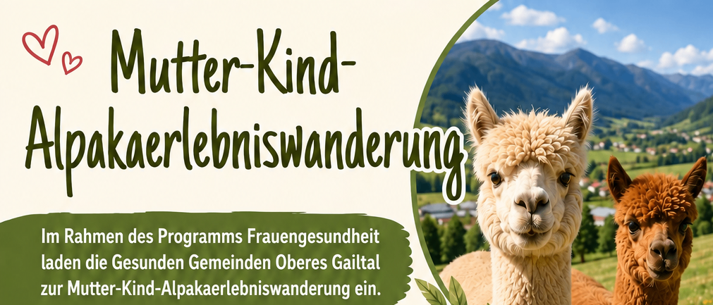 Plakat für einen Mutter-Kind-Alpakalebniskurs, mit zwei Alpakas, Terminen, Zeiten, Ort und Kosten.
