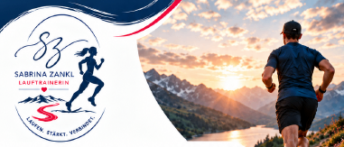 Plakat für Lauftraining für Männer, mit einem Mann, der auf einem Bergpfad läuft, während im Hintergrund ein Sonnenuntergang zu sehen ist. Das Plakat enthält Details wie Startzeit, Ort und Kosten.