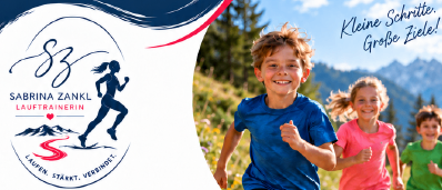 Plakat für eine Kinderlaufschule von Sabrina Zankl. Es zeigt Kinder, die in der Natur laufen, mit Details zu den Trainingseinheiten, Kosten und Kontaktinformationen.