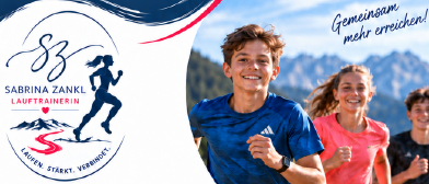 Plakat für Lauftraining für Kinder und Jugendliche, Alter 10-14, von Sabrina Zankl. Zeigt eine Gruppe von Kindern, die in der Natur laufen, mit Details zum Trainingsplan, Ort und Kosten.